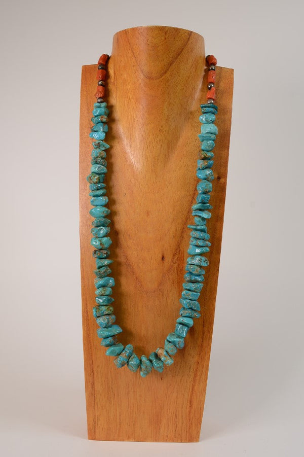 Large Vintage Navajo Turquoise and Coral Heavy Nugget Necklace