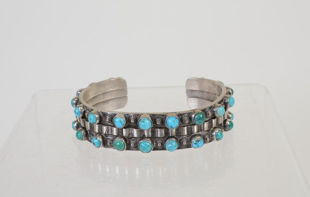 Vintage Zuni 2 Rows of Turquoise Silver Bracelet
