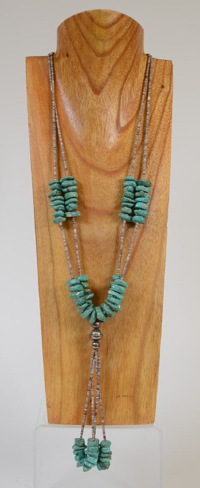 Navajo Long Double Strand Heishi and Turquoise Necklace