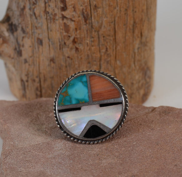 Vintage Zuni Sterling Silver and Inlay Sunface Ring Size 6