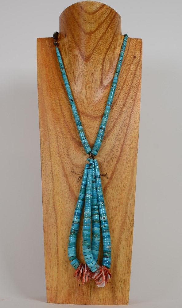 Vintage Navajo hand rolled Turquoise and Spondylus Shell Jacla Necklace