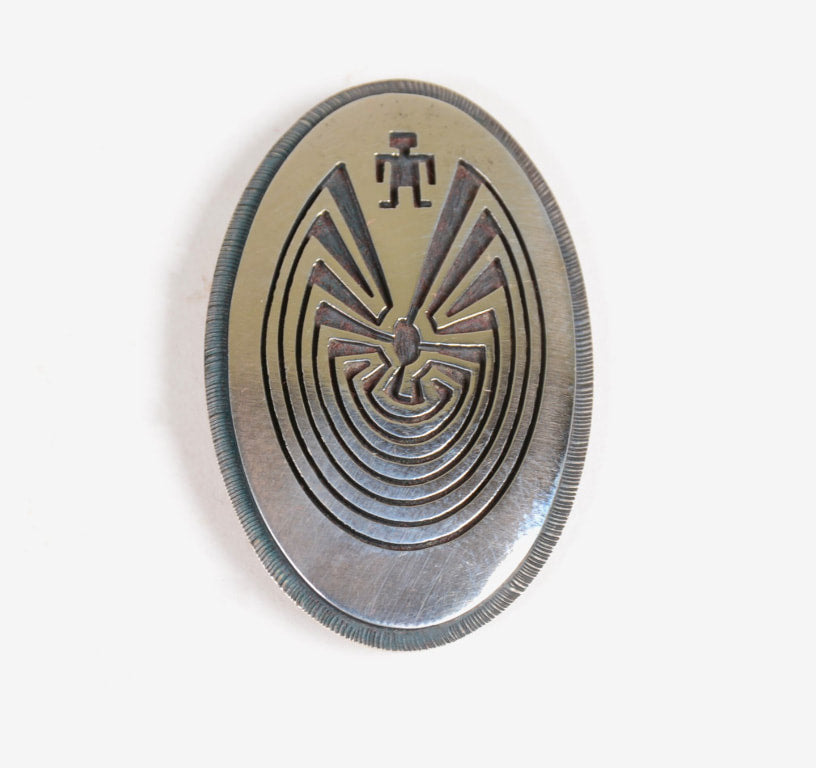 Hopi "Man in the Maze" Sterling Silver Overlay Pin by Patrick Tewawina