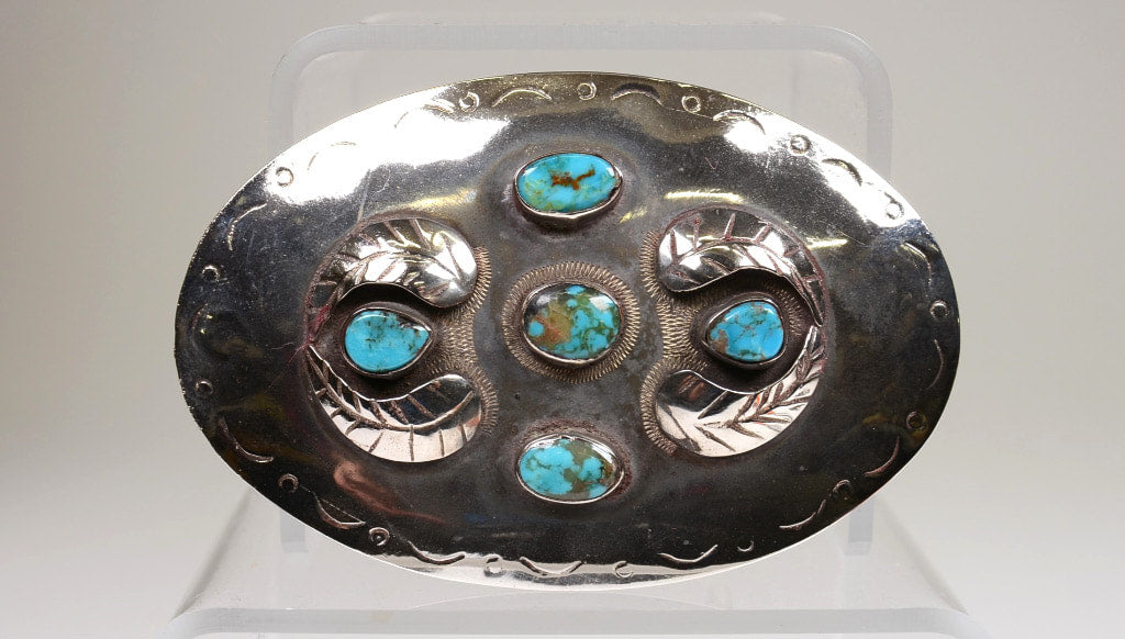 Mexican Silver and Turquoise Oval Belt Buckle