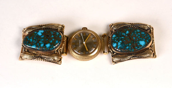 Gold Watch - Bulova Accutron 14K Gold Case - with 14K Gold sides, with high grade Turquoise Settings
