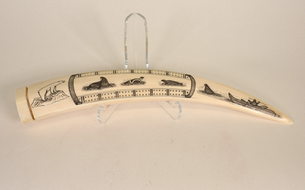 Eskimo Walrus Ivory Cribbage Board with Scrimshaw