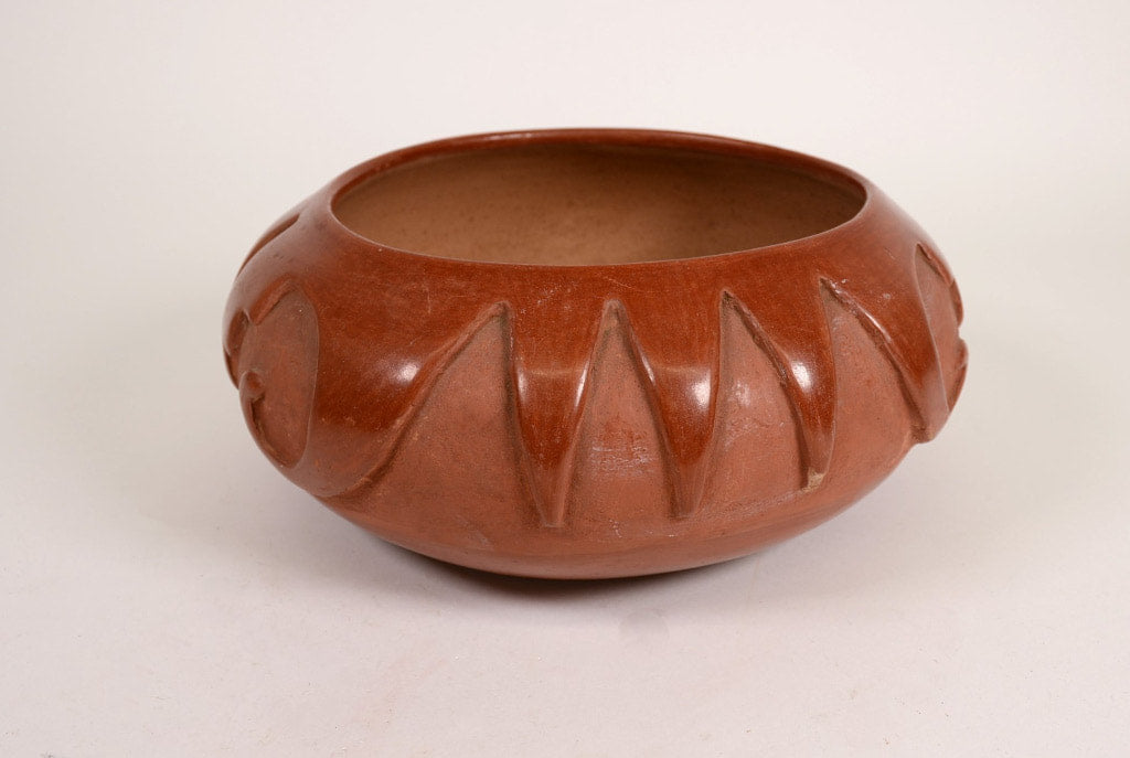 San Ildephonso Carved Redware Pottery signed Rosalie and Joe