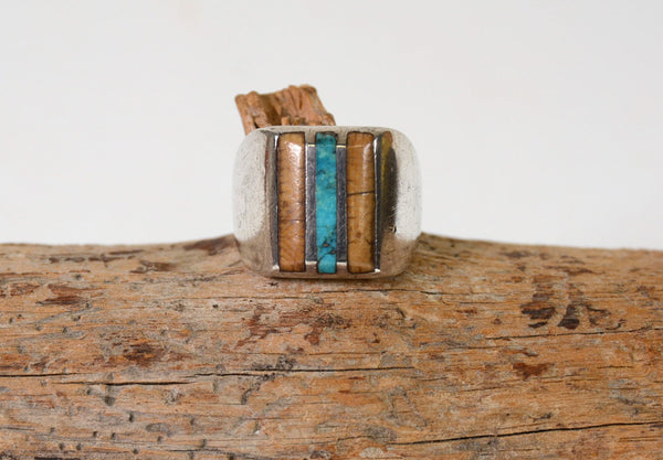 Navajo Channel Inlay, Fossil Ivory & Turquoise Ring Size: 9