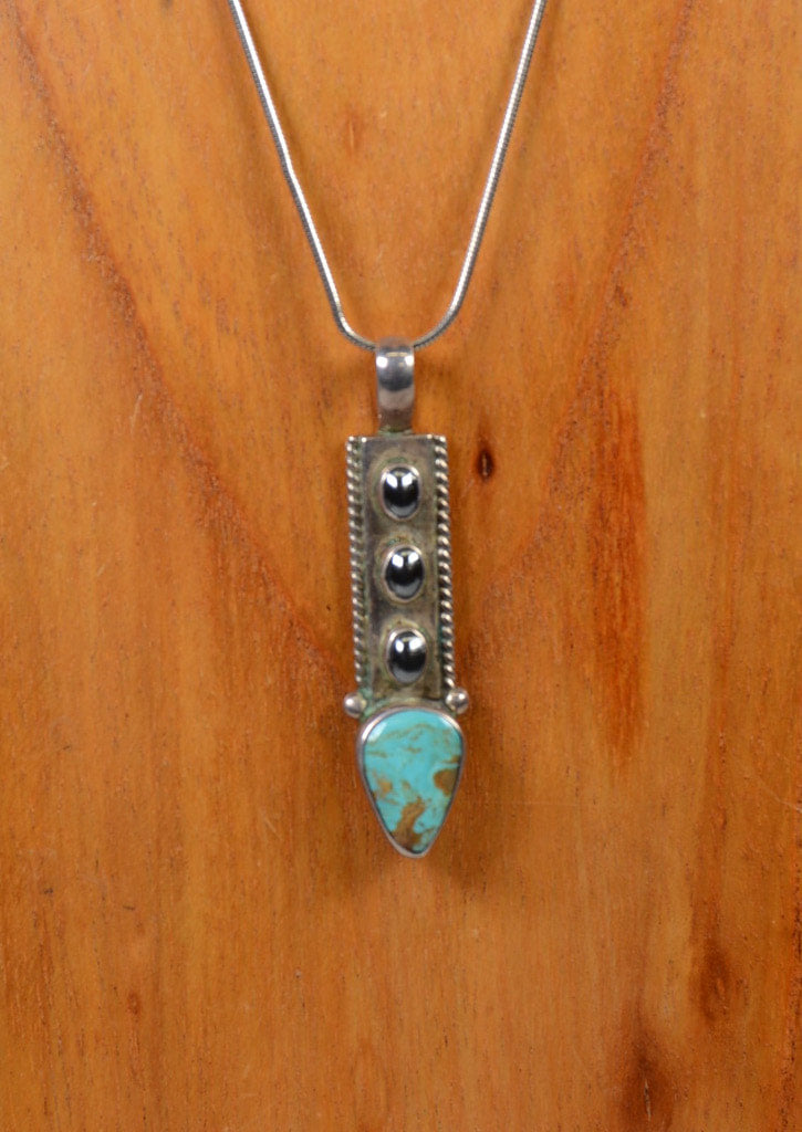 Navajo Necklace with Sterling Silver Pendant, Turquoise and Hematite