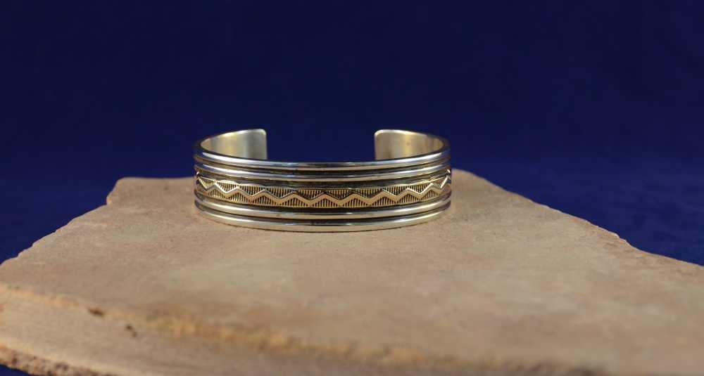 Contemporary Navajo Indian Handmade Bracelet, Sterling Silver & 14K Gold Overlay Cuff