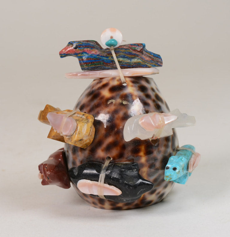 Zuni 6 Fetishes on a Polished Shell by Jayne Quam