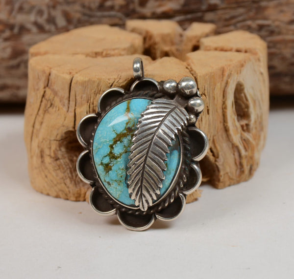 Navajo Sterling Silver and Turquoise Pendant with Silver Leaf