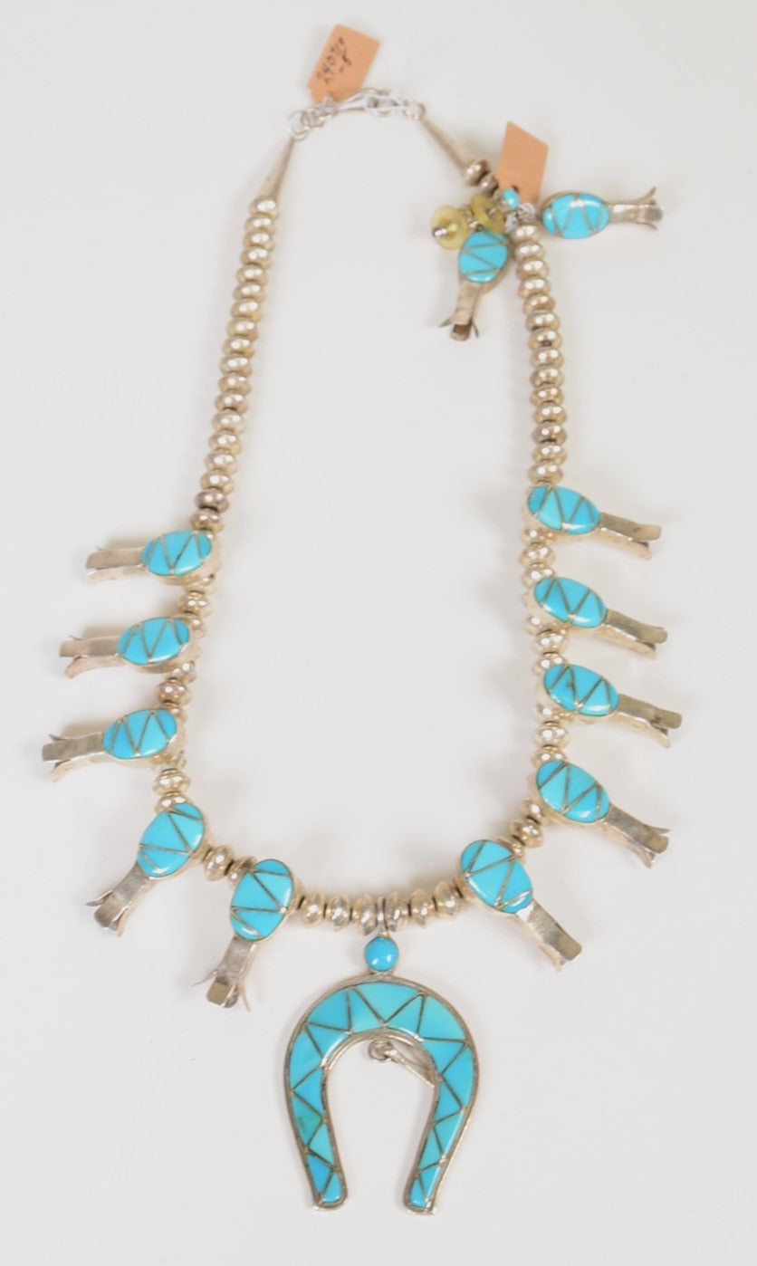 Navajo inlay Squash Blossom Necklace and Earrings SET
