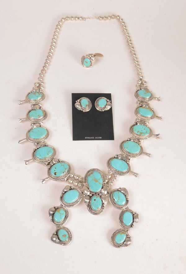 Navajo Turquoise Squash Blossom Necklace SET