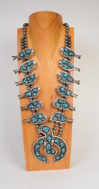 Large Navajo Kingman Turquoise Squash Blossom Necklace by Jimmy Long
