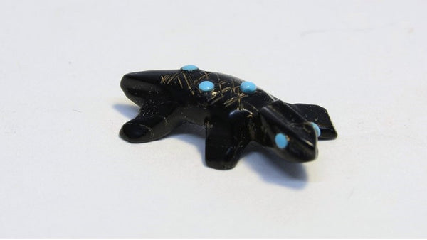 Zuni Fetish Horned Toad Lizard; Jet with Turquoise insets
