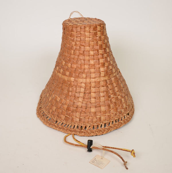 Tlingit Red Cedar Bark Basket Hat with hide chin tie