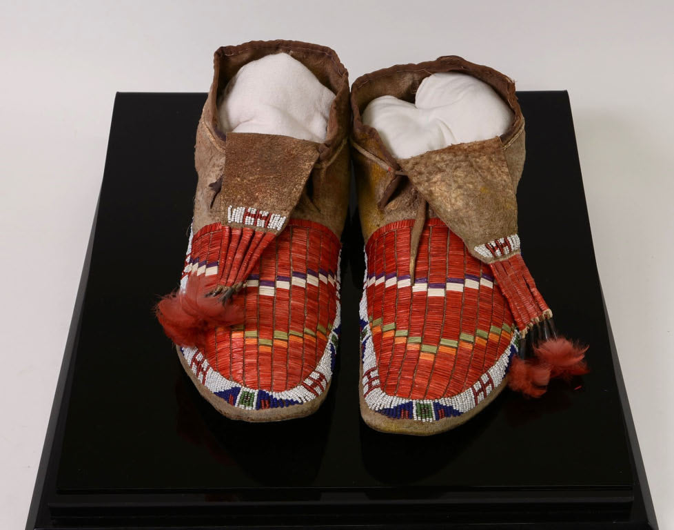 Sioux Red Quill Moccasins; Buffalo Hide - Custom Display Box