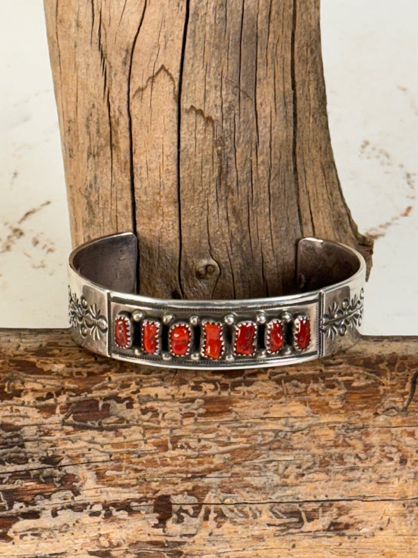 Navajo Bracelet by Melissa Yazzie with 7 Coral Settings