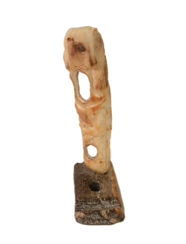 Inuit Fossil Ivory Bear and Salmon Carving on Ancient Ivory Sled Runner