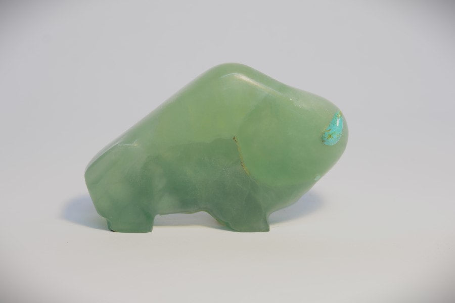 Large Zuni Bison Fetish in Fluorite with Turquoise Eyes and Horns by Lynn Quam