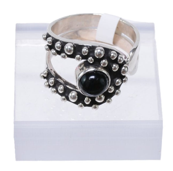 Navajo Ring: Black Onyx Horse Shoe with "Raindrop Balls" Size: 6