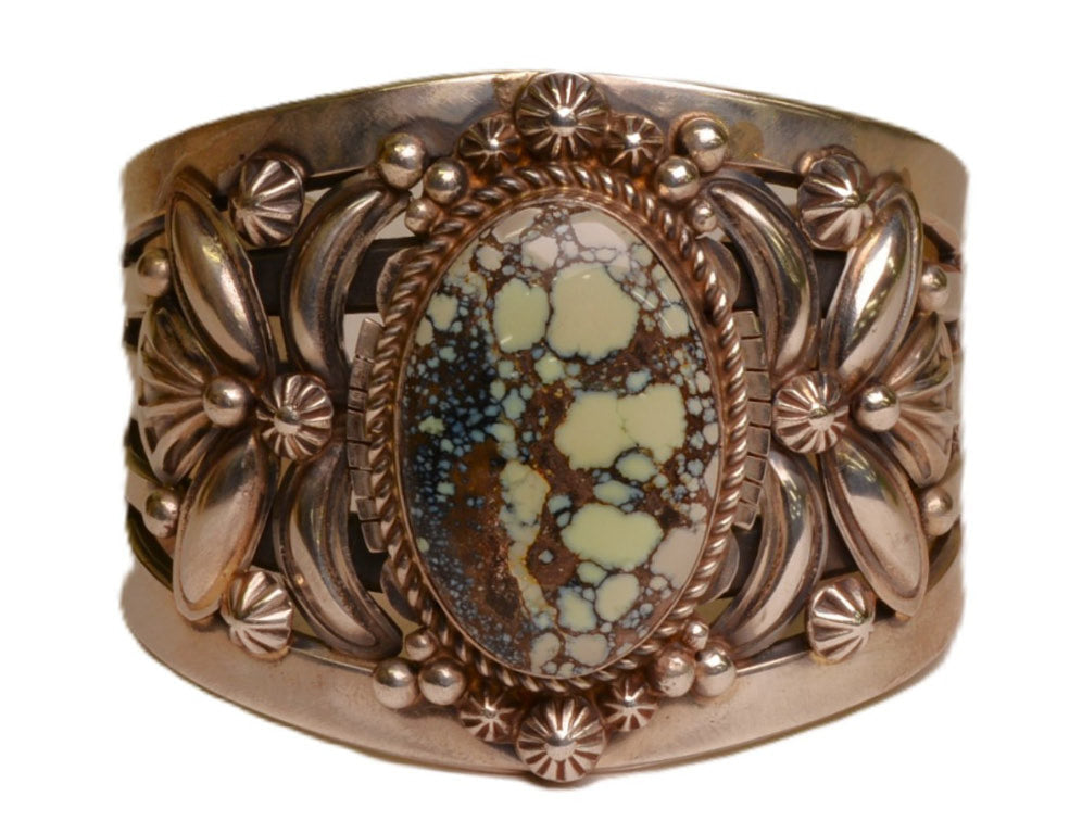 Navajo Bracelet / One Turquoise Stone in Sterling Silver, stamped with a Moon and Coyote/Wolf