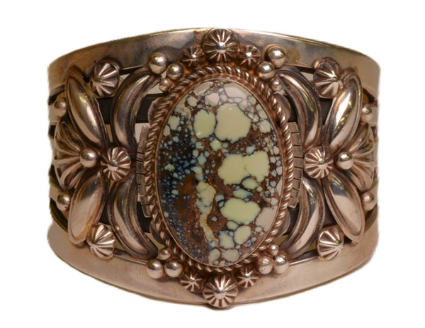 Navajo Bracelet / One Turquoise Stone in Sterling Silver, stamped with a Moon and Coyote/Wolf