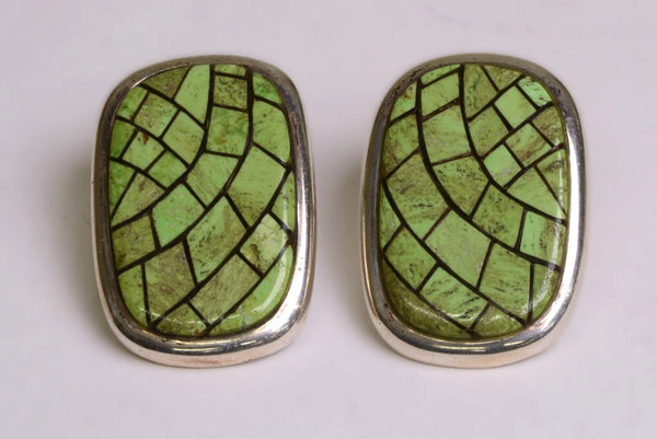 Green Gaspeite Navajo Inlay Earrings, stamped M, possibly Arnold Maloney