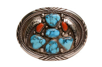 Navajo Sterling Silver Belt Buckle / 2 Oxblood Coral and 5 Blue Diamond Turquoise Cabochons