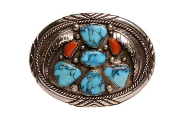 Navajo Sterling Silver Belt Buckle / 2 Oxblood Coral and 5 Blue Diamond Turquoise Cabochons