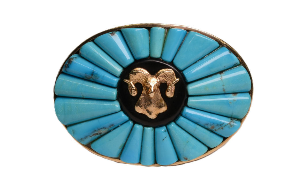 Navajo Buckle, Ram in center, Sterling Silver - Gold plate
