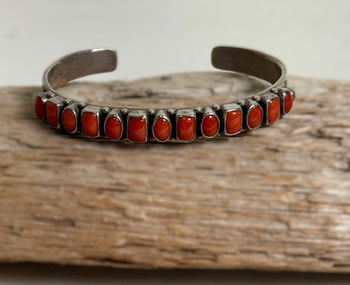 Navajo Cuff Coral Row Bracelet, Hallmarked "L4AZ"