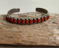 Navajo Cuff Coral Row Bracelet, Hallmarked "L4AZ"