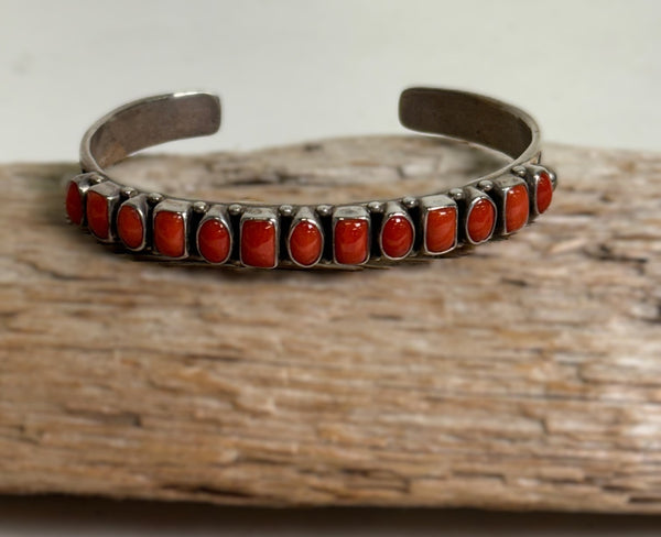Navajo Cuff Coral Row Bracelet, Hallmarked "L4AZ"