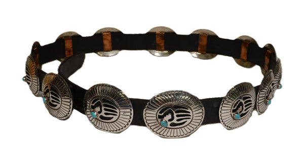Navajo Concho Belt with Bear Claw Design and Turquoise by Fred Brown