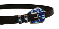Zuni Belt with Sterling Silver, lapis and turquoise inlay, buckle and pieces on leather.