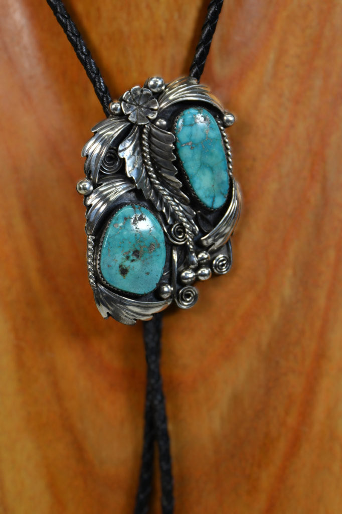 Navajo Bolo Tie- Fine Turquoise Cabochones in Sterling Silver Setting