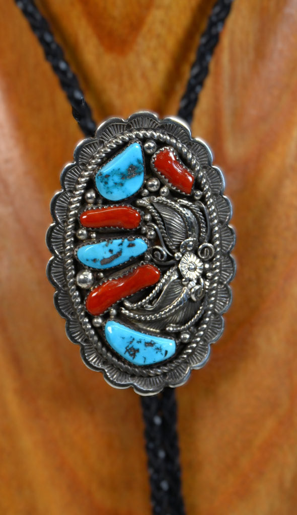 Navajo Bolo Tie- Fine Turquoise and Coral Setting in Sterling Silver