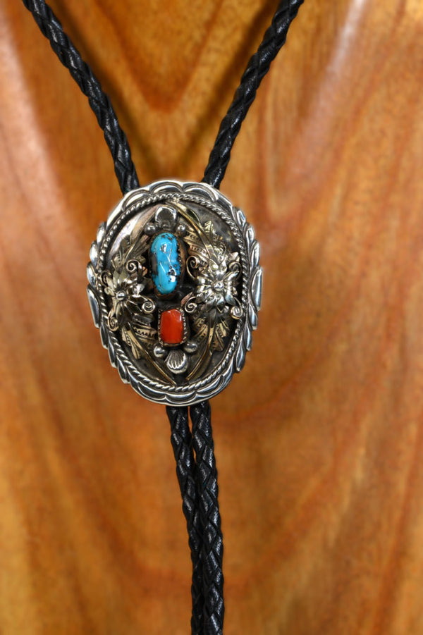 Navajo Bolo Tie- Fine Turquoise and Coral Setting in Sterling Silver
