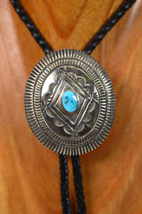 Navajo Concho Bolo Tie: Turquoise in Stamped Sterling Silver