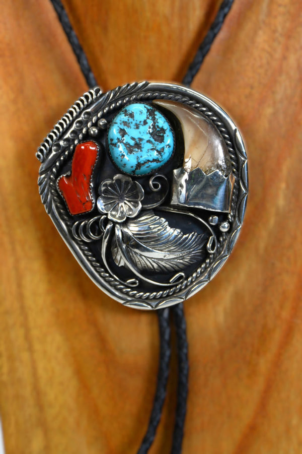 Navajo Turquoise and Coral with Claw Sterling Silver Bolo by Tom David