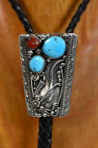 Navajo Turquoise and Coral Sterling Silver Bolo Tie