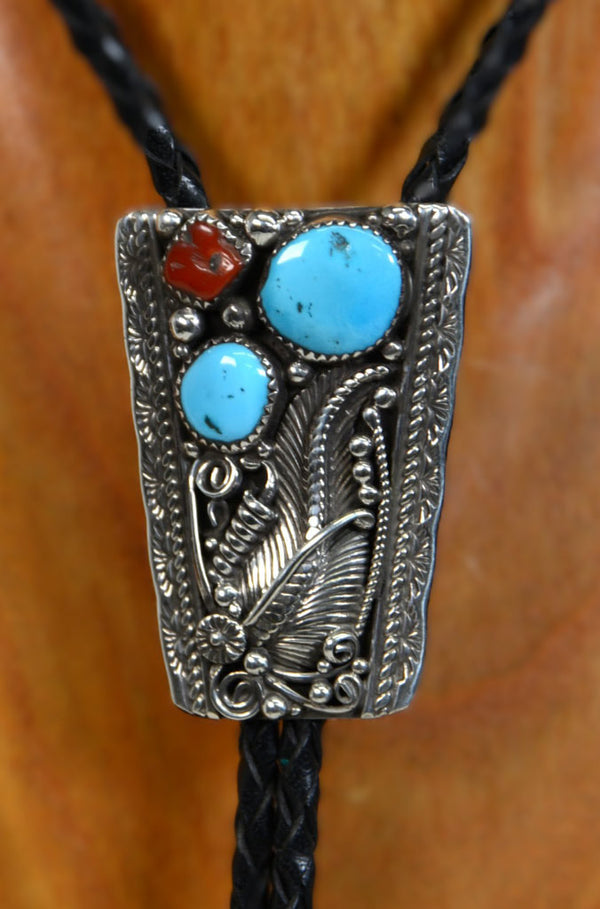 Navajo Turquoise and Coral Sterling Silver Bolo Tie