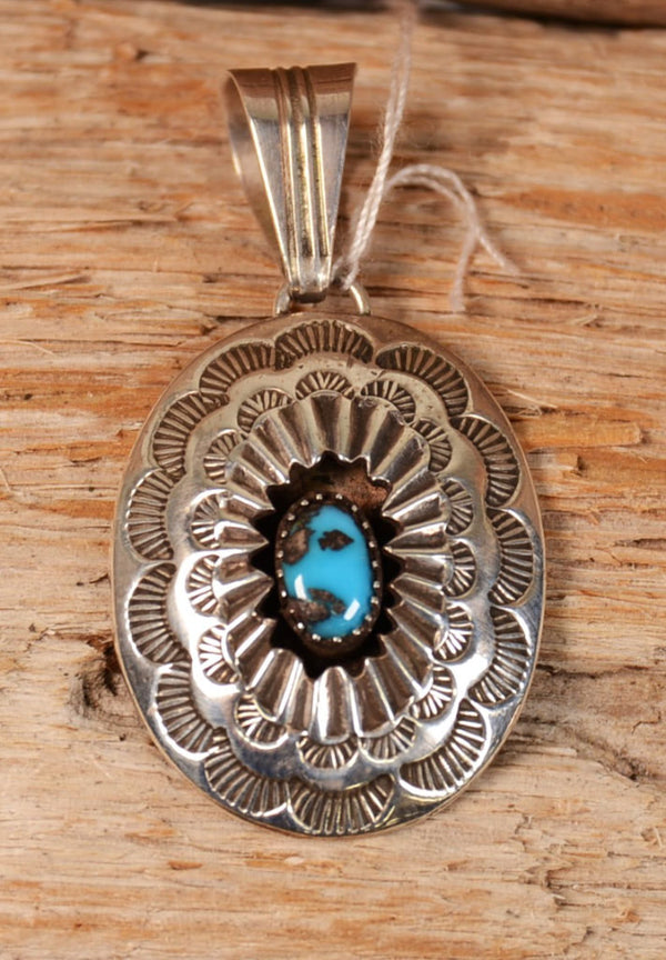 Navajo Oval Turquoise Cabuchon on Sterling Silver Pendant with Stamp work