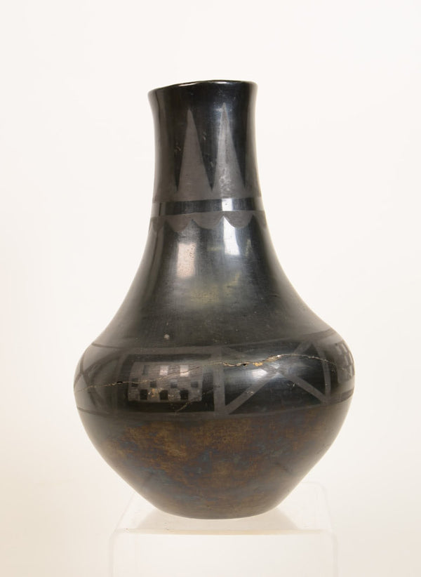Maria Martinez Pottery Black on black Tall Jar, Maria & Julian, Signed "Marie"