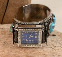 Navajo Cuff Watch Bracelet Stamped "EB & CSC"; 5 Turquoise Stones