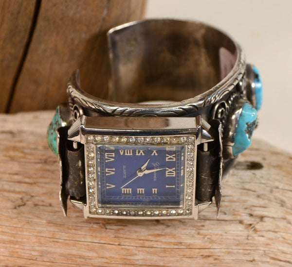 Navajo Cuff Watch Bracelet Stamped "EB & CSC"; 5 Turquoise Stones