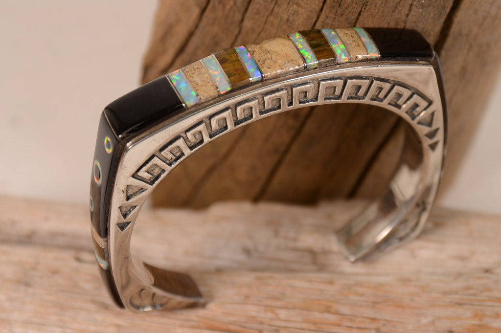 Navajo Cuff Bracelet: Elaborate Inlay and Tall profile design; "BH"