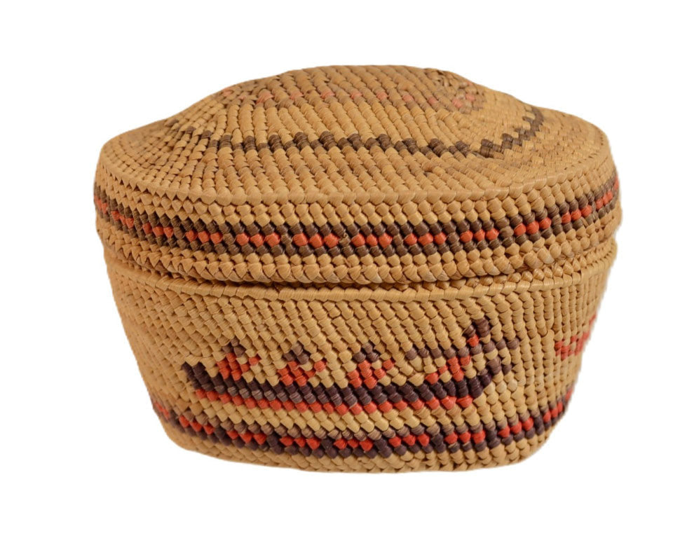 Fine Makah Miniature Basket with lid / Whaling Pictorial