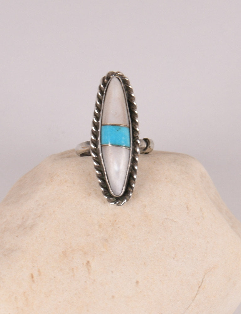 Zuni Inlay Ring, Mother of Pearl and Turquoise Size: 6.25